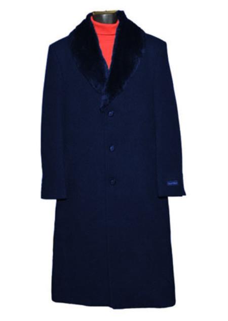  Men's 3 Button Single Breasted Dark Blue Fur Collar Black Wool Full Length Overcoat