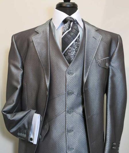 Three Button Single Breasted Vested Athletic Cut 1940s men's Suits Style Classic Fit Jacket With Flap Pocket Silver Grey 