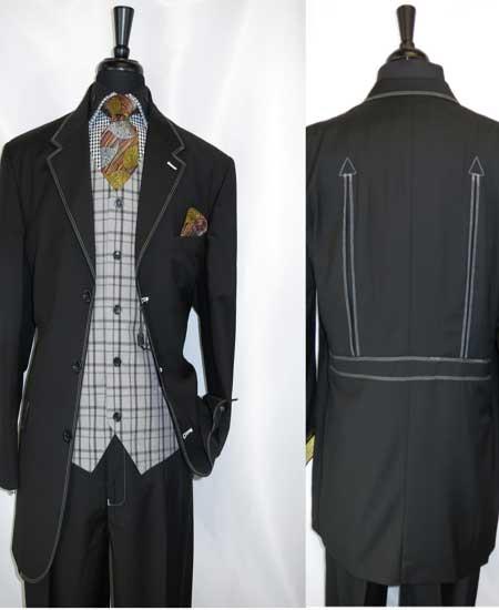  Black Suit Gray Vest Mens Grey 3 Button Trimmed Notch Lapel Single Breasted Vest Belted Back Black Suit