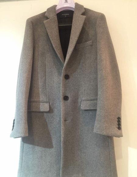  Men's Single breasted 3 Button Light Grey ~ Gray Topcoat Notch Lapel Cashmere Overcoat 