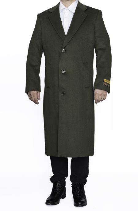  men's Full Length Wool Dress Top Coat / Overcoat in Olive Green 