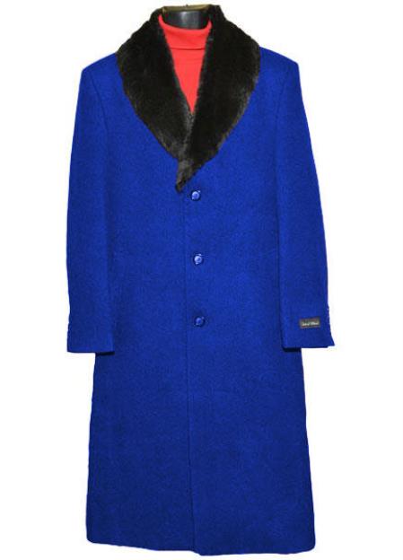  Men's Royal Blue Suit For Men Perfect  3 Button (Removable ) Fur Collar Single Breasted Full Length Overcoat ~ Topcoat 95% Wool Fabric