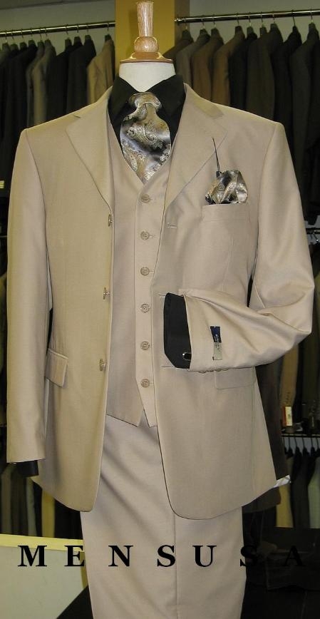 British Tan khaki Color ~ Beige Solid 3 Piece Three Button three piece suit double vented 