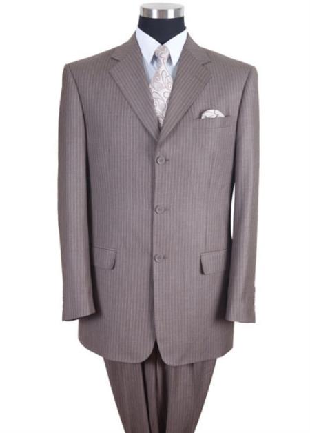 Men's 3 button Tan ~ Beige Pinstripe ~ Stripe Suit Pleated Pants 