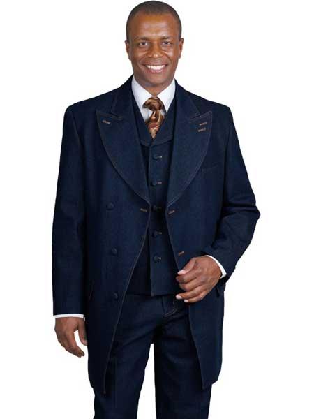 3 Button Style Blue Denim Single Breasted 1920s 40s Fashion Clothing Look ! Vest Urban attire Wide Leg Suit For sale ~ Pachuco men's Suit Perfect for Wedding