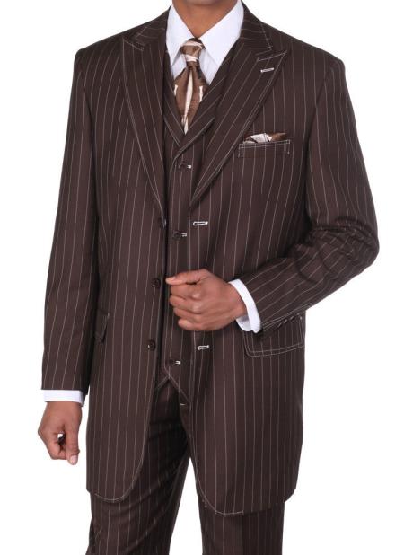 Classic pronounce visible Chalk Gangster Stripe 3 Button Style Pinstripe 1940s men's Suits Style for Online w/Vest brown color shade with White Stitching 