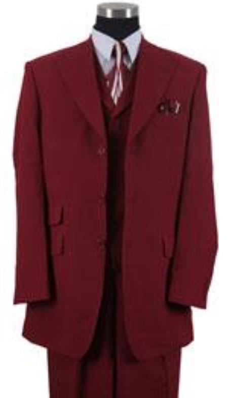 Peak Lapel Vested 3 Piece Ticket Pocket Vested 3 Buttons 1920s 40s Fashion Clothing Look ! Style Wide Leg Pants Burgundy