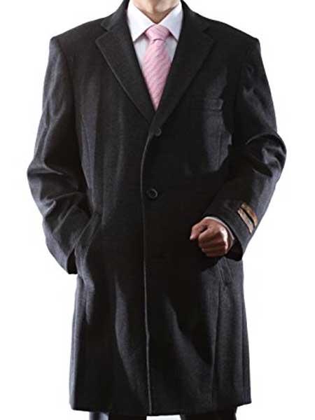 Mens Overcoat Mens 3 Buttons Charcoal Three Quarter Length Luxury Wool Notch Lapel Topcoat