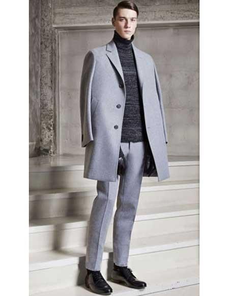  Men's Light Grey ~ Gray Single Breasted Casual Notch Lapel Wool Overcoat