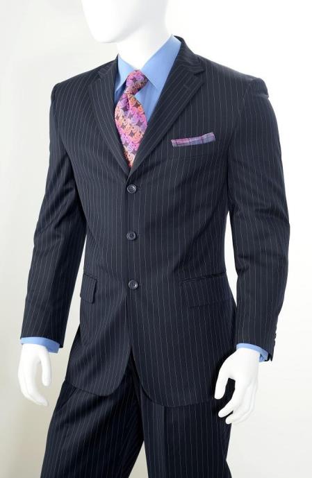  Albeto Nardoni Navy Blue Pinstripe ~ 3 Buttons Stripe Wool Suit Pleated Pants 