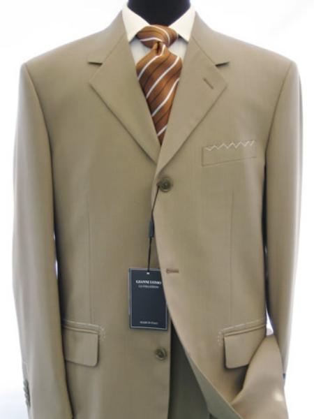 3 Button Style Dark Conservative Business Tan khaki Color ~ Beige Double Vent Real Suit 100% Worsted Wool Fabric Higher Quality Side Vent