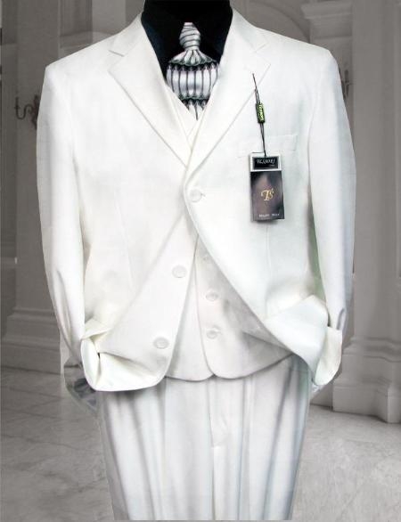 CLASSIC 3PC High Vested 3 Button Style SOLID WHITE Suit ( Jacket and Pants)  For Men WITH Pleated Slacks PANTS EXTRA FINE 