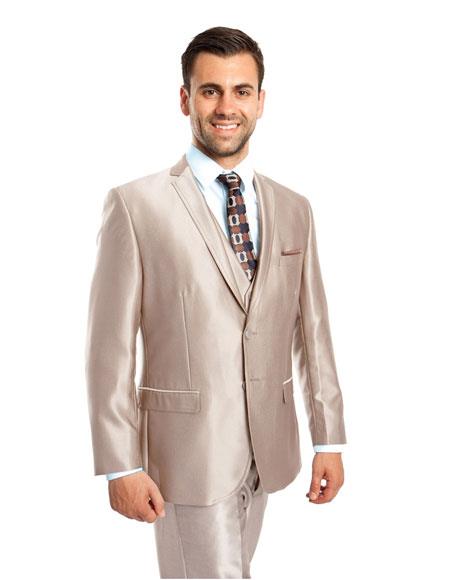 Men's Sharkskin  Metallic Silky Beige Shiny Flashy 2 Button Single Breasted 3 Piece Suit Slim Fit Suit 