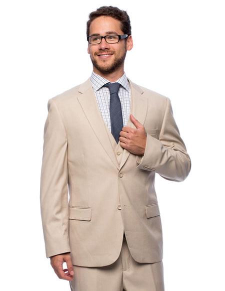  Caravelli Men's 2 Button Double Vent Beige 3-piece Vested Suit 