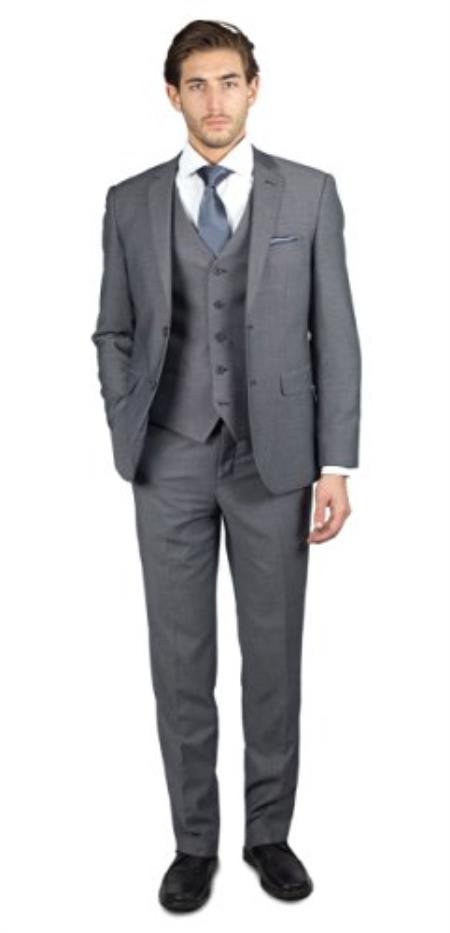  Men's 2 Button 3 Piece Birdseye Grey TR Blend Suit