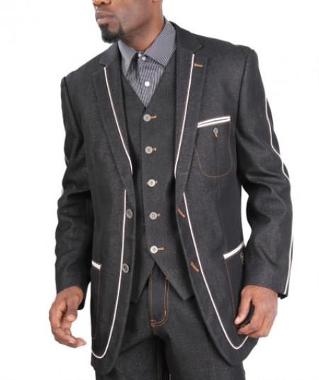 AC-172 Fashion Two Button Cotton Timmed Sporty Denim 1940s men's Suits Style Black,Blue,Brown