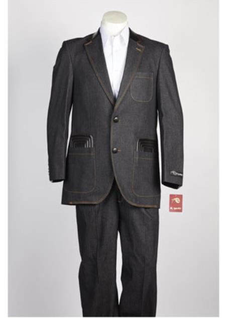  men's 2 Button Denim Jean Single Breasted Black Suit