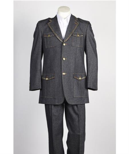  Men's 3 Button Black Safari Military Style Suit