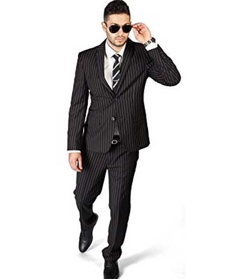  Men's Black Cotton 2 Button Slim Fit Pinstripe Notch Lapel Flat Front Pants Suit