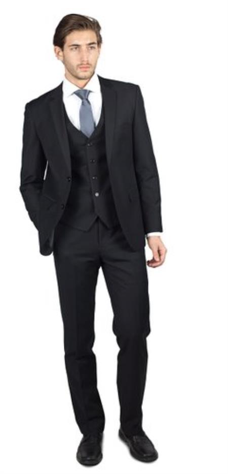  Men's 2 Button Black 3 Piece TR Blend Suit