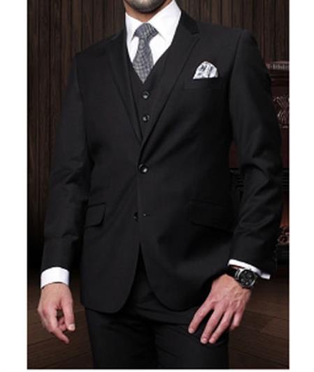 Men's Statement 3 Piece 2 Button Italian Designer Black Suit Wool