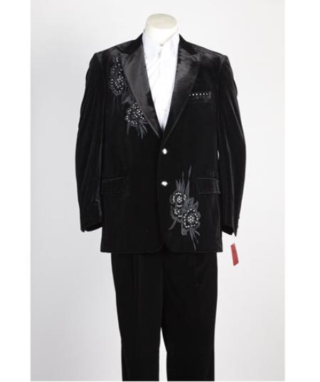  Men's 2 Button Black Velour ~ Velvet Peak Lapel Single Breasted Suit 