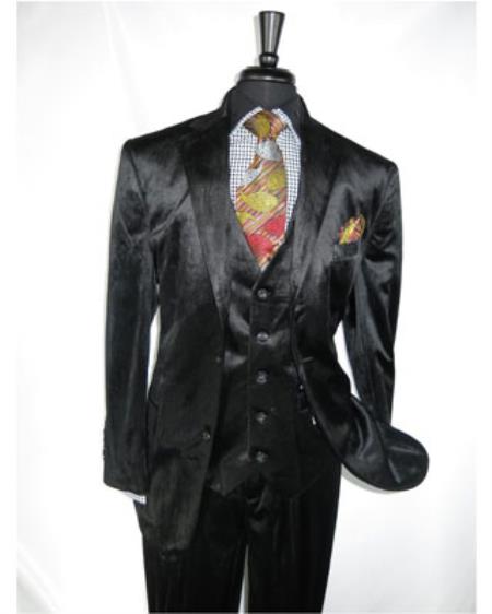  Men's 2 Button Black Velvet Fabric 3 Piece Vested Notch lapel Side Vent Suit with Pleated Pants