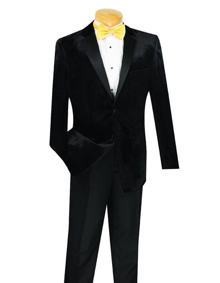  Men's 2 Button Black Velvet Tuxedo Notch Lapel 