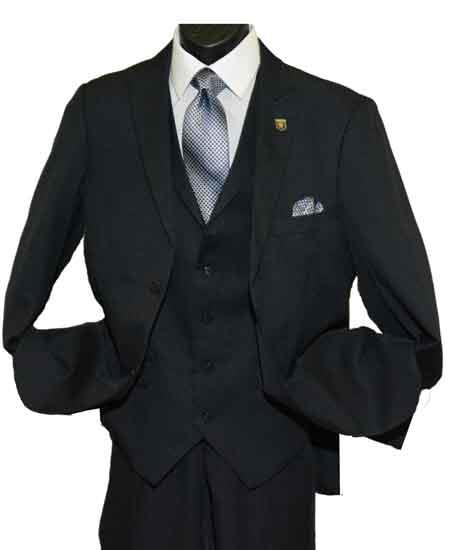  Men's 2 Button Side Vent Peak Lapel Black Single Breasted V-Neck Vested Suit 