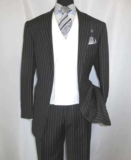  Men's Black 2 Button 2 Pieces Side Vent Chalk Bold Stripe ~ Pinstripe Shawl Collar (NO VEST)