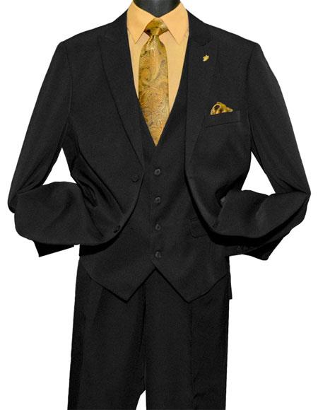 Mens Fashion 2 Button Black Single Breasted Vested Peak Lapel Suit