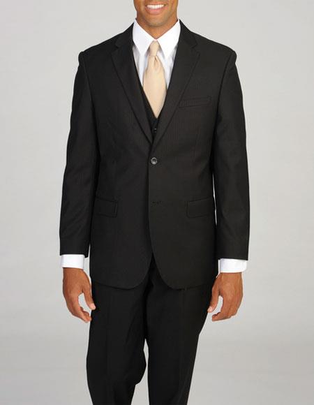 Caravelli Men's 3 Piece Black Notch Lapel 2 Button Slim Fit Vested Suit