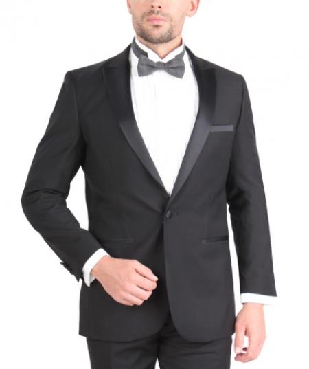 Slim narrow Style Fit Wedding Tuxedo Two Button Liquid Jet Black 