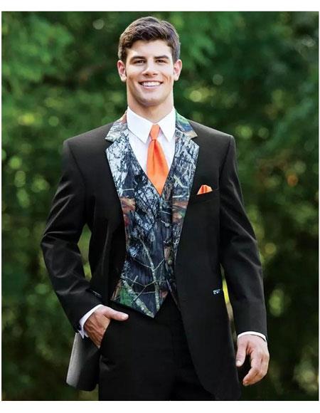  Men's Black Slim Fit 2 Button Full Sleeve Camo Print Wedding Wool Tuxedo Suit