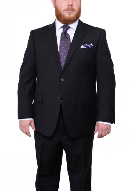  Men's Two Button Portly Fit Black Tonal 100% Wool Suit