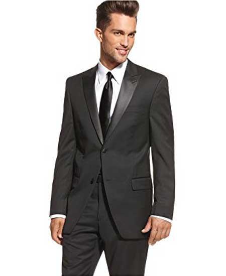  Men's 2 Button Black Slim Fit Peak Lapel Solid Wool 1920s tuxedo style Suit