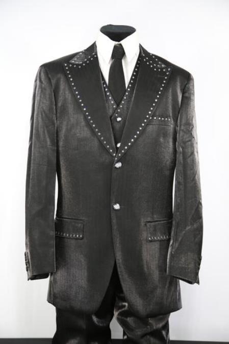  men's Rhinestone Single Breasted Peak Lapel Black Zoot Suit