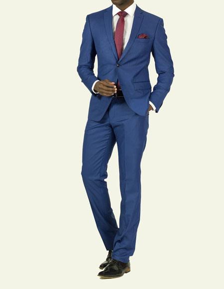  men's Pick Stitched 2 Button Slim Fit Skinny Blue Suit 