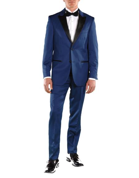  Men's Peak Lapel Two Button Single Breasted Slim Fit Blue 2 Piece 1920s Tuxedo Style Suit
