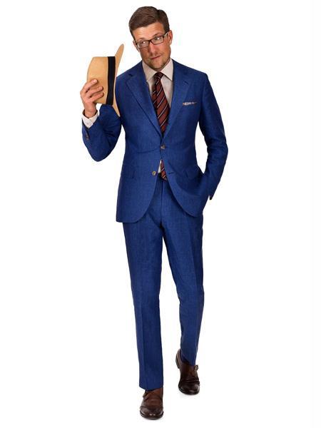 Men's 2 Button Notch Lapel Intense Blue Linen Suit