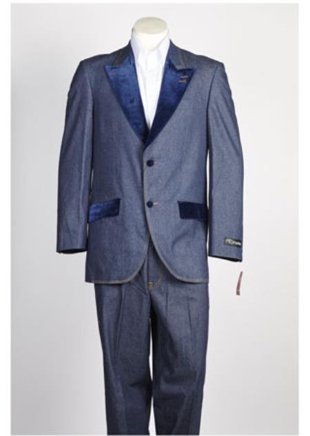  Men's 2 Button Single Breasted Velvet Denim Jean Blue Suit
