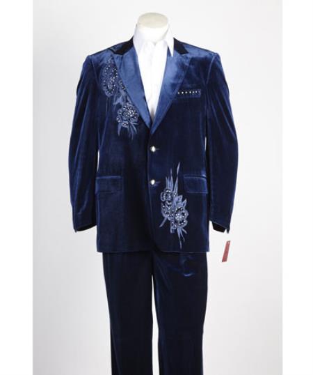   Men's 2 button Blue Velour ~ Velvet Peak Lapel Single Breasted Suit 