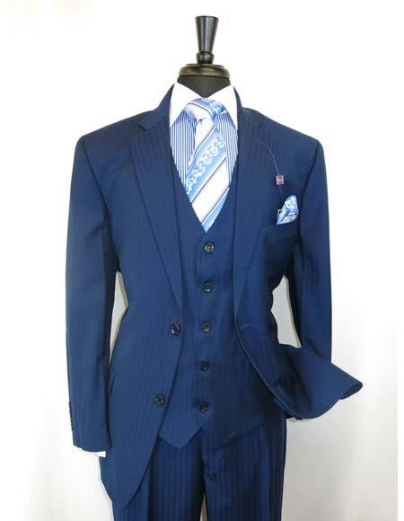  Men's Vinci Shadow Stripe Style 2 Buttons Single Breasted Notch Lapel Blue Vested Suit