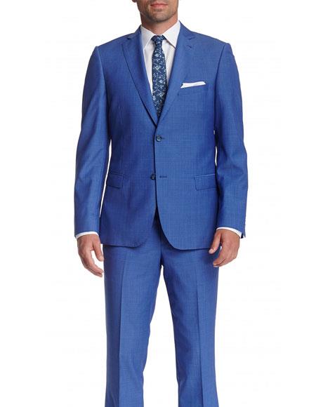  men's 2 Button Wool Slim Fit Notch Lapel With Pick Stitching Suit Blue