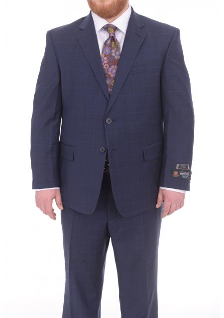  Men's 2 Button Portly Fit Blue Plaid Pattern With Overcheck Wool Suit