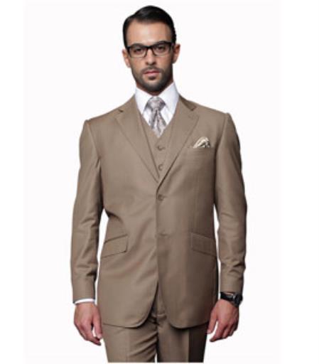  Men's 2 Button Bronze 100% Wool Pleated Pants Vested 3 Piece Suit 