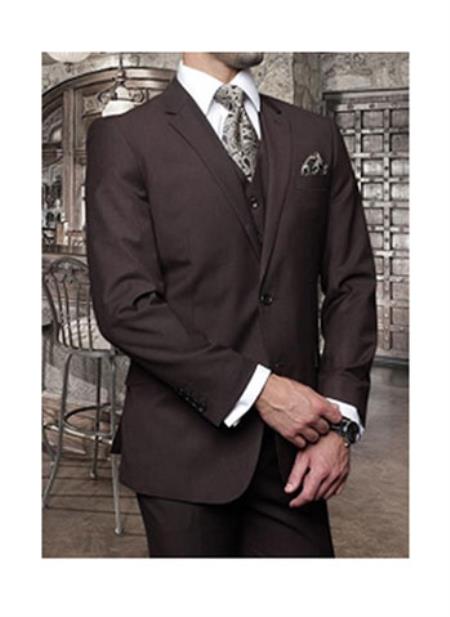 Men's Statement 3 Piece 2 Button Italian Designer Brown Suit Wool