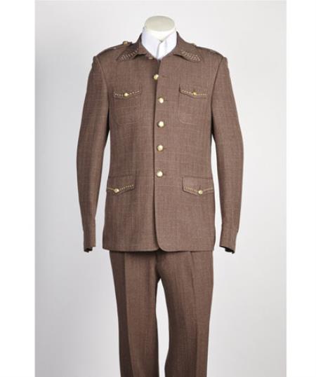  Men's 5 Button Brown Safari Military Style Suit 