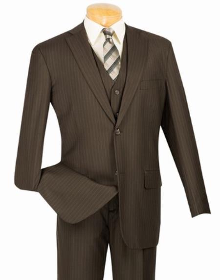 Men's 2 Button with Vest and Classic Pinstripe Brown Suit 
