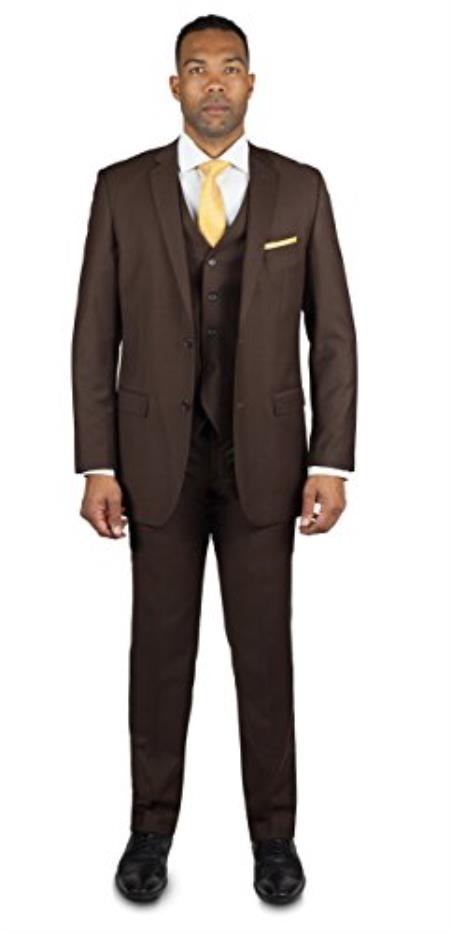  Men's 2 Button Brown 3 Piece TR Blend Suit